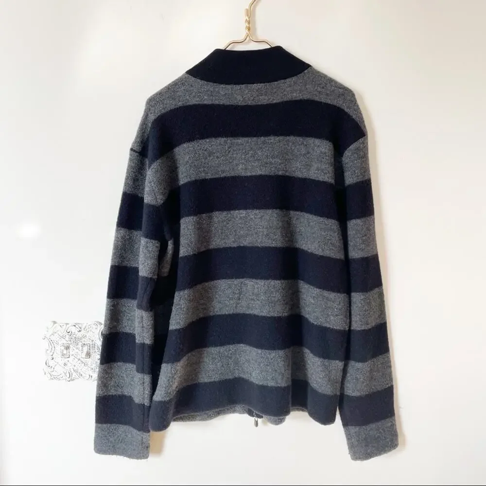 Armani Collezioni Black and Gray Rugby Striped Wool Sweater Zip Up Jacket M
